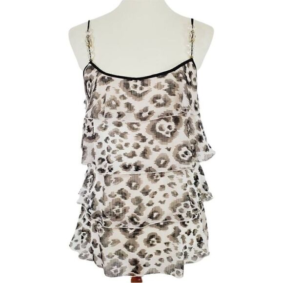 Anthropologie Lapis Womens Blouse Ivory Black Leopard Print Layered Beaded M - Picture 3 of 8